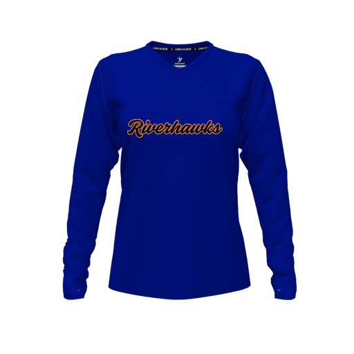 [CUS-DFW-TEES-CMF-VNK-LSL-RYL-FYXS-LOGO1] Decker Comfort T-Shirt (Female Youth XS, Royal, V Neck, Logo 1, Long Sleeve)