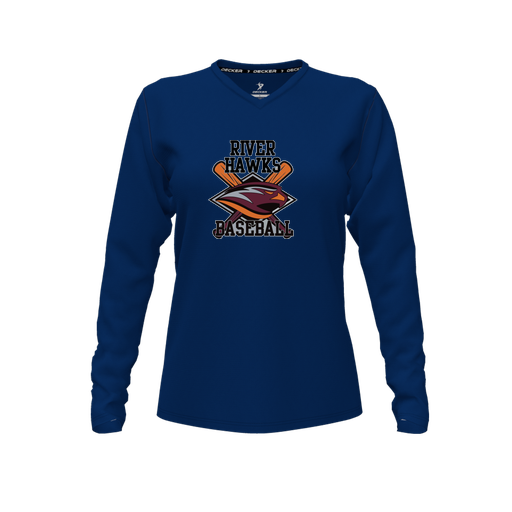 [CUS-DFW-TEES-PER-VNK-LSL-NVY-FYXS-LOGO2] Performance T-Shirt (Female Youth XS, Navy, V Neck, Logo 2, Long Sleeve)